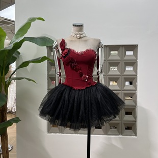 Amazon Hot Girl Style Women's Dark Red Three-Dimensional Handmade Flower Fishbone Tube Top + Mesh Puffy Skirt 2-Piece Set