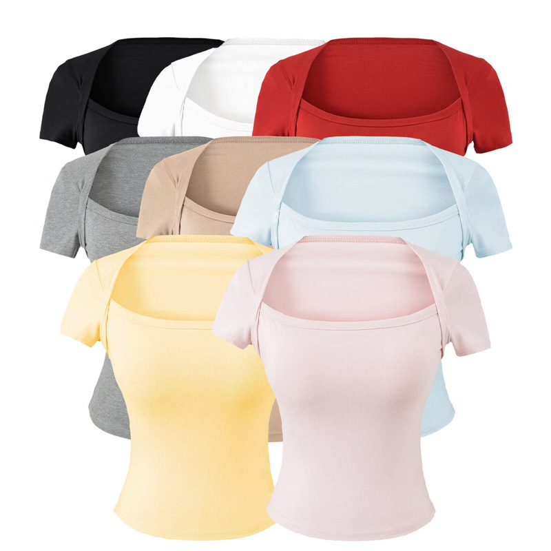 Square-Neck T-Shirt with Chest Pads for Women, Summer Tight-Fitting Inner Wear, Shoulder-Covering, Stylish and Sexy Top