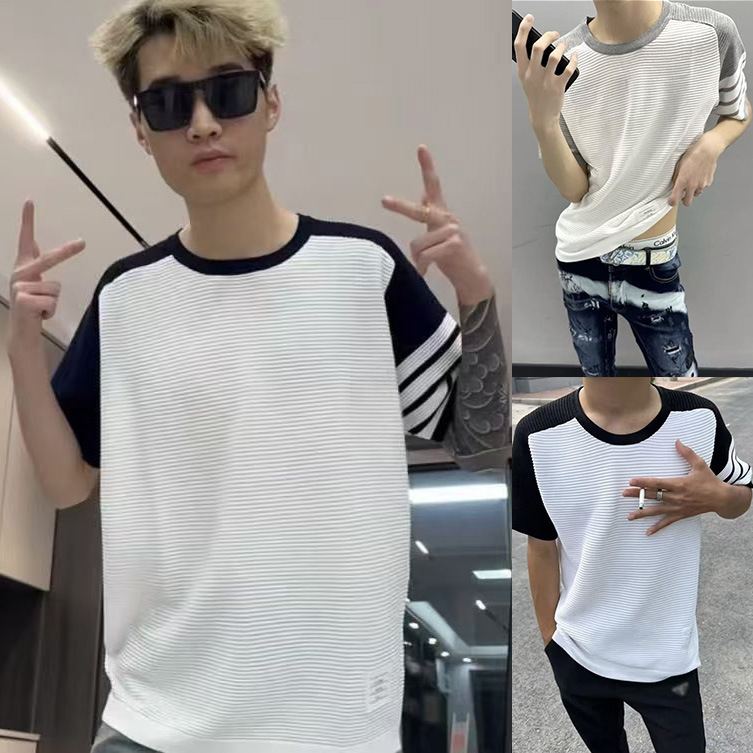 T-shirt de manga corta para hombres TB insertado rayas tricolores cuatro barras viejas líneas de hielo de verano fábrica transfronteriza al por mayor