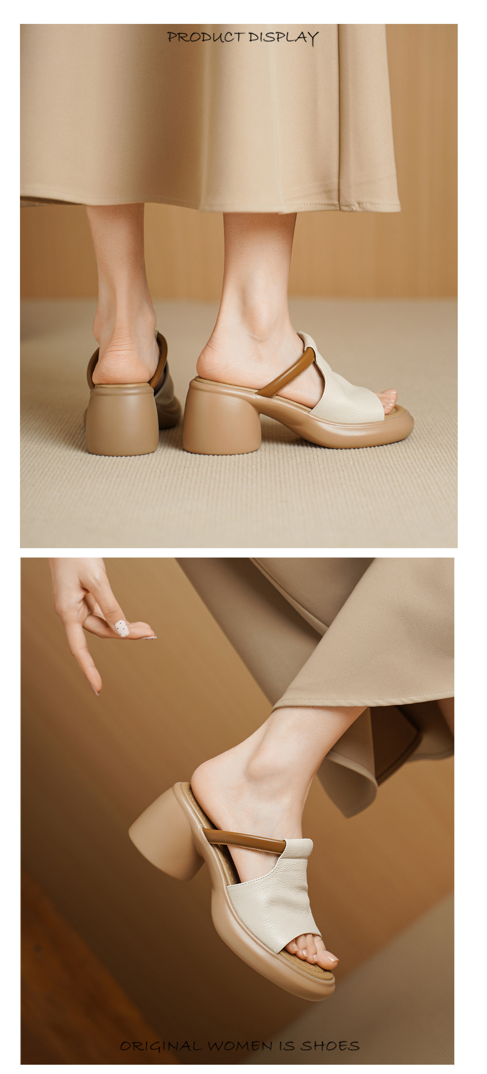 Sandal nữ hở mũi gót vuông đế dày da dê cao cấp — màu trắng ngà chi tiết 6
