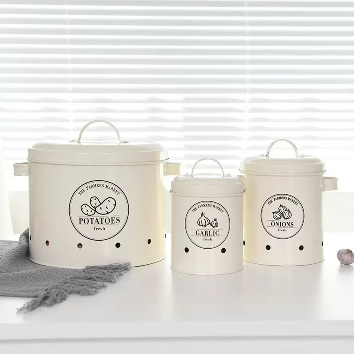 Tanque de almacenamiento de vegetales de hierro forjado para el hogar, papa, jengibre, ajo, cocina fresca, papa, cebolla, cubo de almacenamiento de ajo