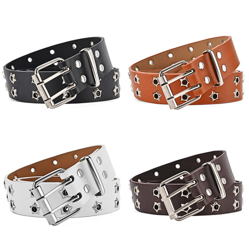 European and American Hollow Punk Casual Women's Belts with Fashion Star Eye Decorations, Double-Row Waist Belts for Women, Jeans Belts for Men