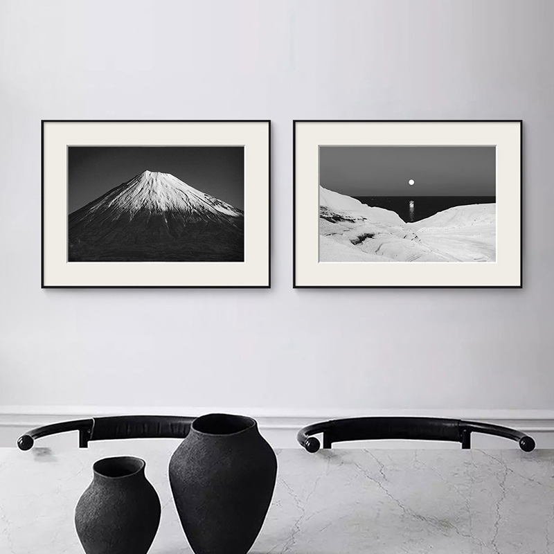 Black and white photographic landscape art wall painting, snow mountain sunrise, modern living room and dining room decorative painting, Italian Nordic hotel painting Black and white photographic landscape art wall painting, snow mountain sunrise, modern living room and dining room decorative painting, Italian Nordic hotel painting