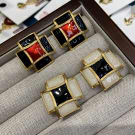 vintage复古法式克莱因黑白棋盘格子耳钉滴油珐琅925银针耳钉耳环