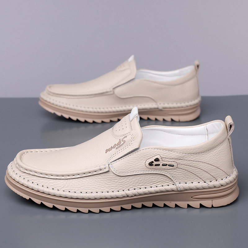 Giày lười nam da bò lớp đầu mềm, đế bằng chống trượt, form rộng cỡ lớn — Kaki, Màu trắng, Màu đen