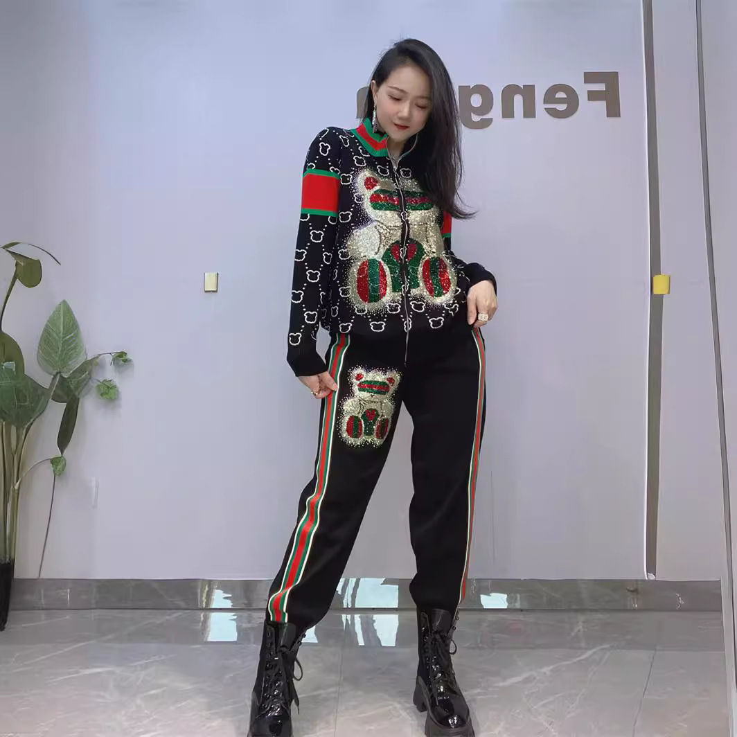 가을 새로운 패션 세련된 가디건 세트 만화 곰 가디건 투피스 가디건 캐주얼 스포츠 세트
