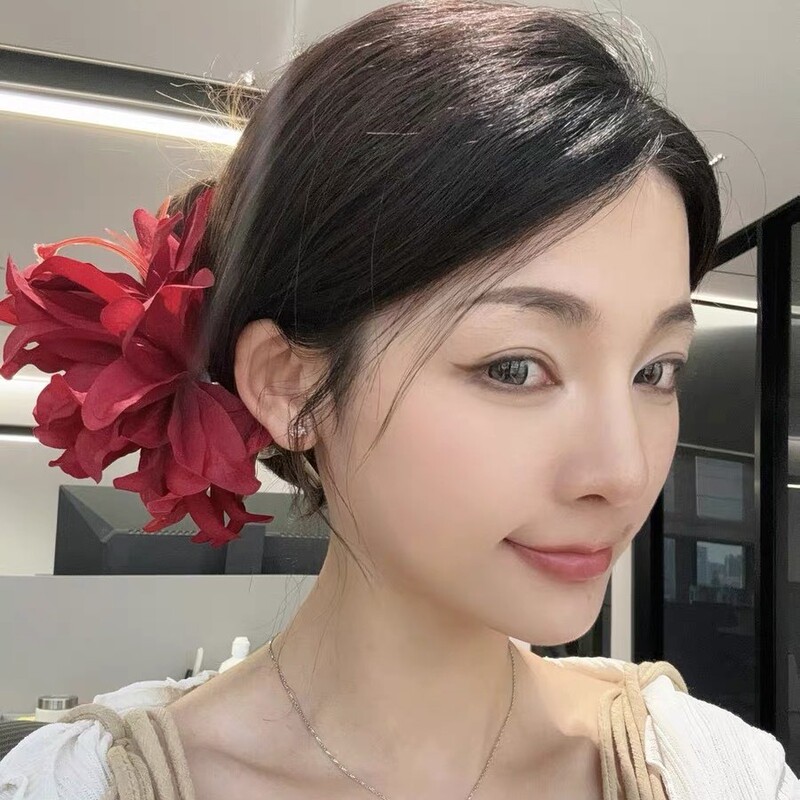 原创【红酒探戈】新中式红色花朵发夹女古风旗袍侧边夹子头花发饰|undefined