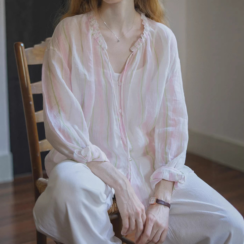 2025Ss 100% Ramie Loose Long-Sleeve Striped Shirt Cardigan with Silk-Edged Ties