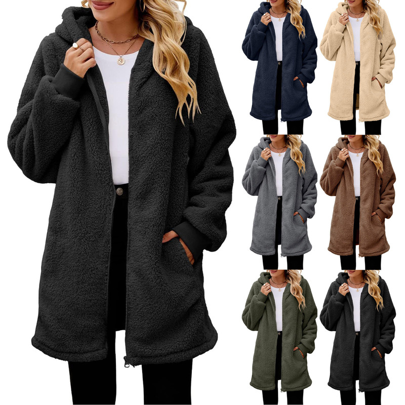 2025 European and American Winter New Amazon Independent Station Loose Plush Women's Long-Sleeved Hooded Zipper Cardigan Jacket