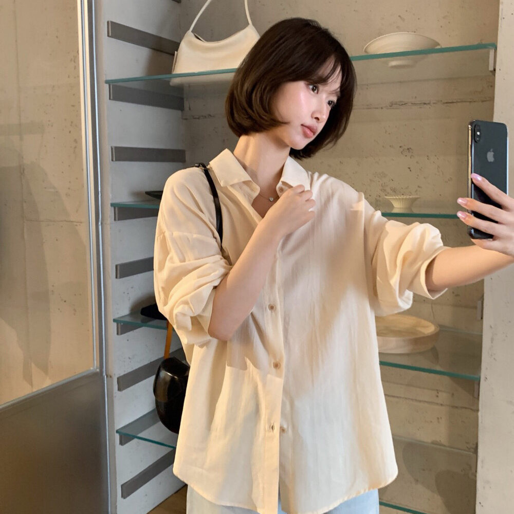Áo sơ mi nữ dài tay cổ bẻ chất liệu tencel phong cách Hàn Quốc đi làm — màu sắc, Hàn Lan, trắng ngà, xanh nhạt
