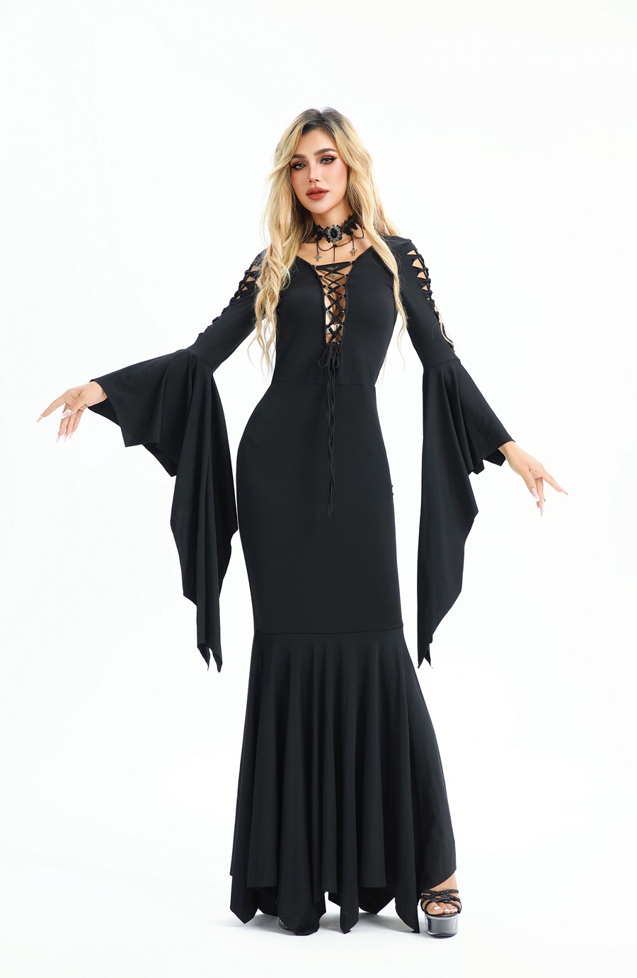 Gothic Vampire Bat Halloween Dress Medieval Witch Retro Costume_voghion.com