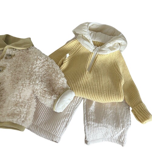 Korean children's winter knit hat and sweater set with warm lining for girls, two-piece fashionable children's pants