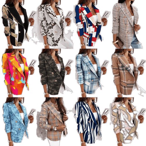 European and American women's clothing autumn and winter long-sleeved double-breasted casual printed small suit slim woolen coat