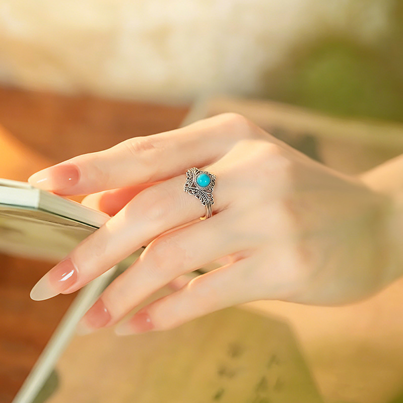 Nhẫn nữ bạc S925 đính đá mã não đỏ và ngọc lam, kiểu vương miện cổ điển, dạng mở điều chỉnh — Ngọc lam
