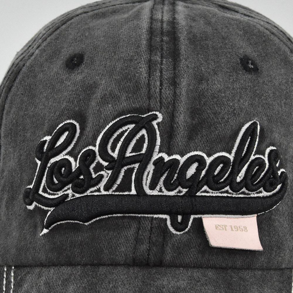 Cappello da baseball Los Angeles con visiera parasole, ricamato in 3D con lingua d'anatra e lavato, con vecchie grondaie curve_voghion.com
