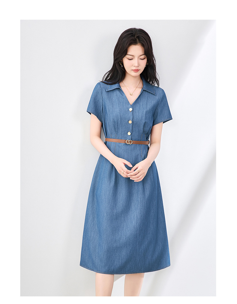 Váy liền denim sơ mi kiểu Pháp thắt eo thanh lịch — Màu xanh lam nhạt chi tiết 7