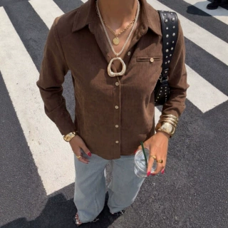 2026新款欧美跨境外贸女装秋冬季坑条净色休闲简约宽松女士衬衫