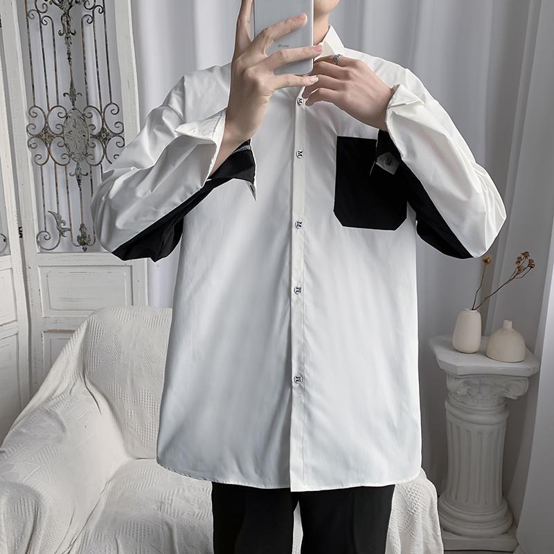 Men's Black And White Patchwork Long Sleeve Casual Shirt Trendy_voghion.com