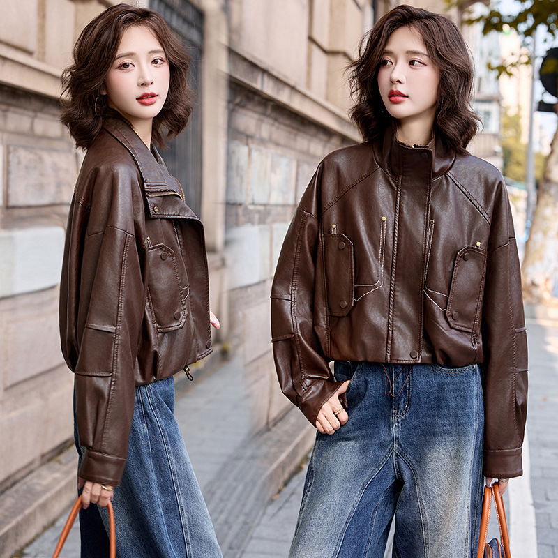 2026 Spring and Summer New Style Genuine Leather Jacket for Women, Sheepskin Retro Trendy Casual Workwear Leather Jacket, Short Style Coat