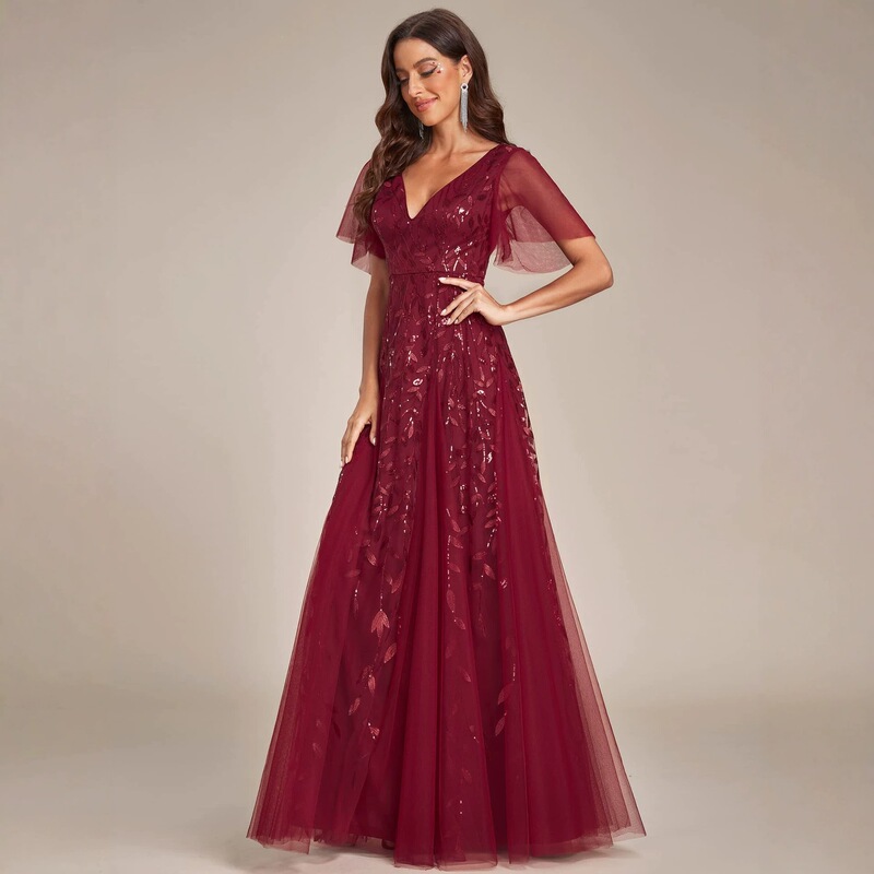 V-neck evening dress with flutter sleeves and slit, long gown for wedding receptions, annual parties, and events, European and American cross-border in-stock V-neck evening dress with flutter sleeves and slit, long gown for wedding receptions, annual parties, and events, European and American cross-border in-stock
