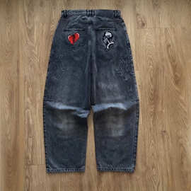 欧美跨境卡通刺绣牛仔裤男y2k高街原宿风设计感宽松百搭直筒裤潮