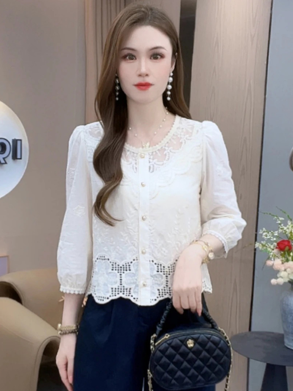 时尚蕾丝衬衫女2025秋季新款设计感小众洋气显瘦气质百搭衬衣上衣|undefined