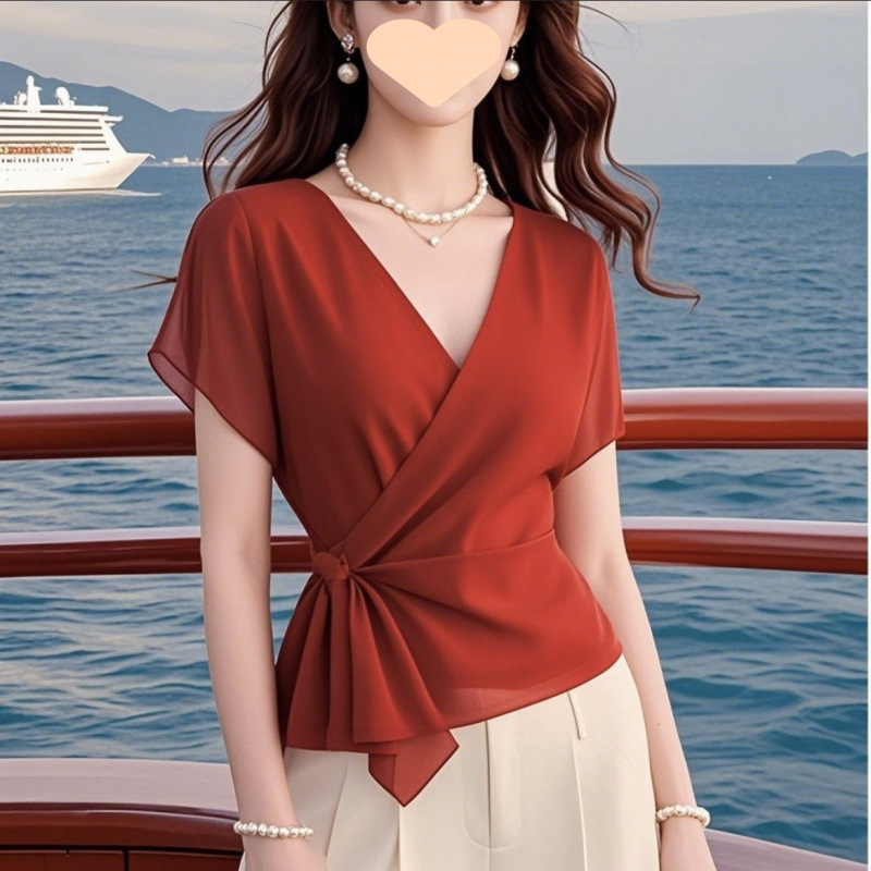 妖精のような絶妙で美しいシャツ、女性用のブルーウエスト半袖シャツ、夏のユニークで美しいシフォントップ|undefined