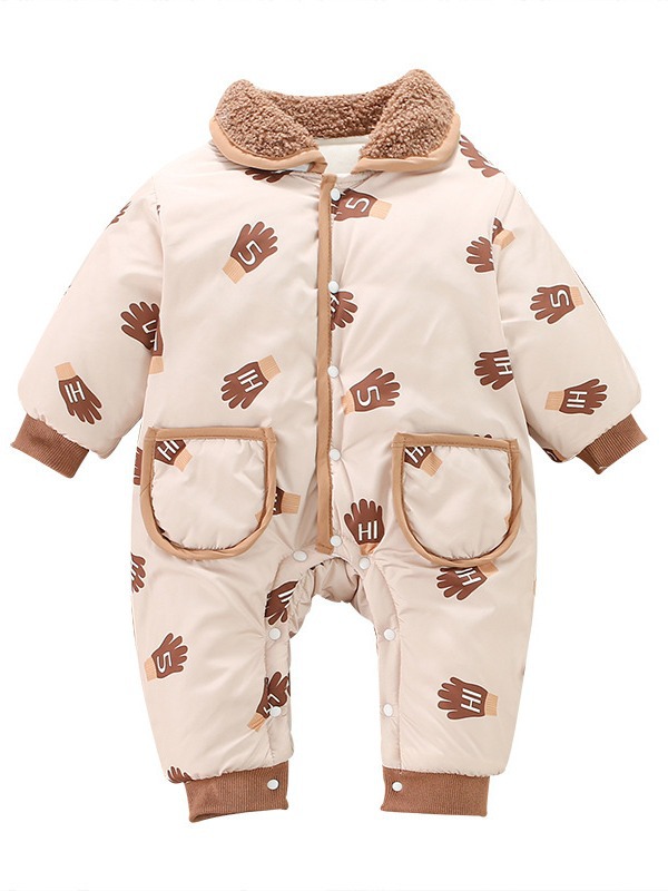 Bebé Invierno nueva ropa de algodón acolchado hombres y mujeres bebé forrado de lana acolchado mono engrosado guantes calientes impresos mameluco acolchado de algodón