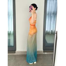 性感ins度假风网纱深V领金属环吊带裙女夏海边渐变收腰显瘦连衣裙