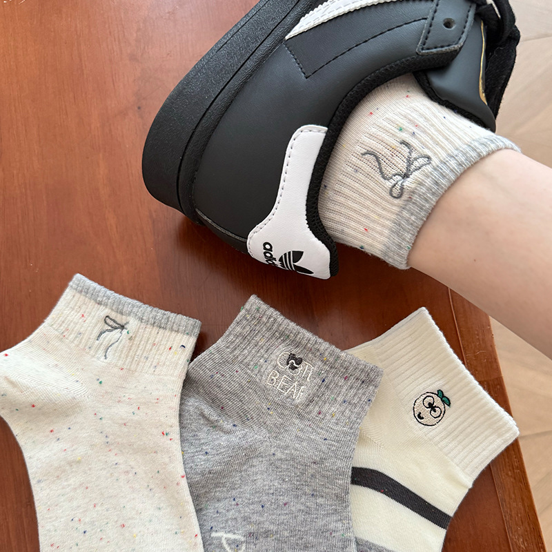 2026 Spring and Summer New Women's Low-Cut Short Socks, Sweat-Absorbing Striped Korean-Style Embroidered Cute Short Socks, Zhuji Socks