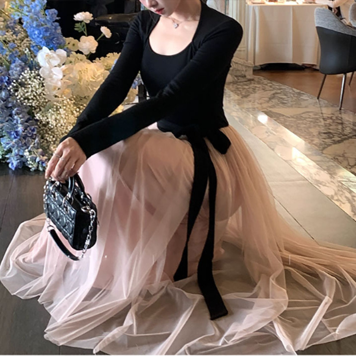 [Bad Women Have Everything] Contrast Color Dress Women's Winter Slimming Look Waistcoat Long-Sleeved Elegant Long Skirt