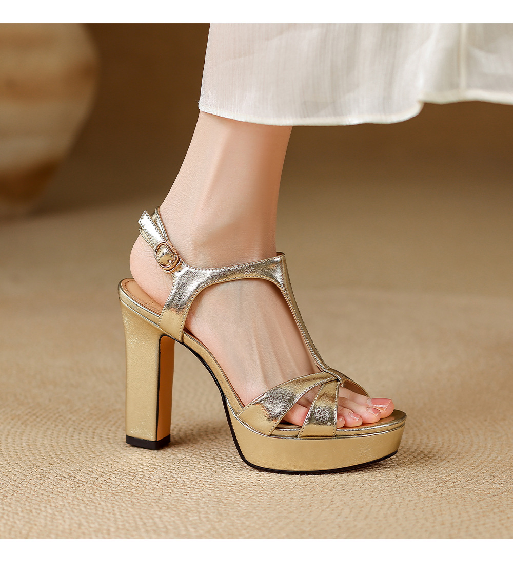 Sandal cao gót nữ quai chéo hở mũi phong cách Pháp, gót vuông 9 cm, đế dày platform — màu đen, màu vàng, bạc chi tiết 8