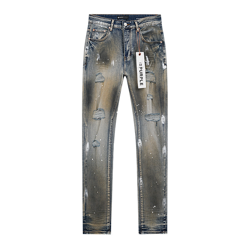Comercio exterior transfronterizo mayorista purp1e estilo americano marca de alta calle agujero parche de tinta retrógrada lavado jeans pantalones cortos