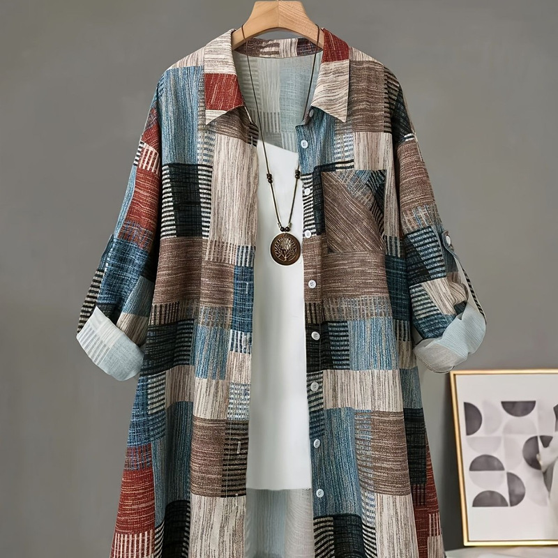 Oz Cross-Border Export Style Women's Plaid Printed Long-Sleeved Button Shirt Long-Sleeved Top Regular Shirt Large Size