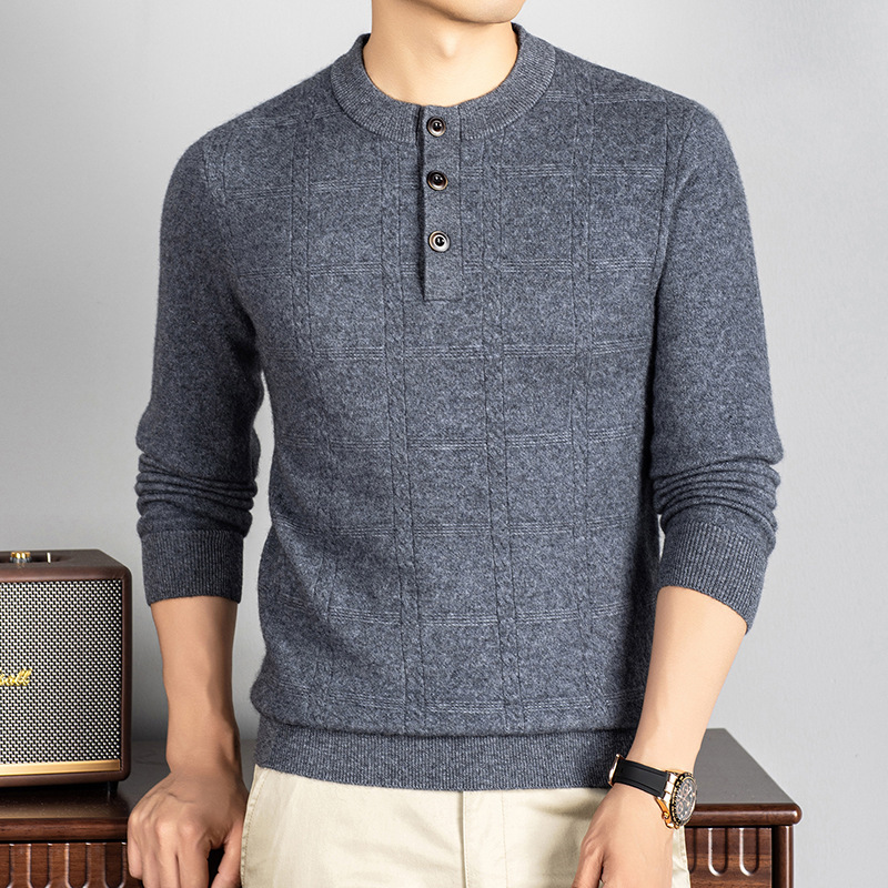 12-gauge, 26-count, 2-ply, 360-gram, 4A-grade anti-pilling cashmere and wool blend crew-neck sweater for men, suitable for middle-aged and young adults