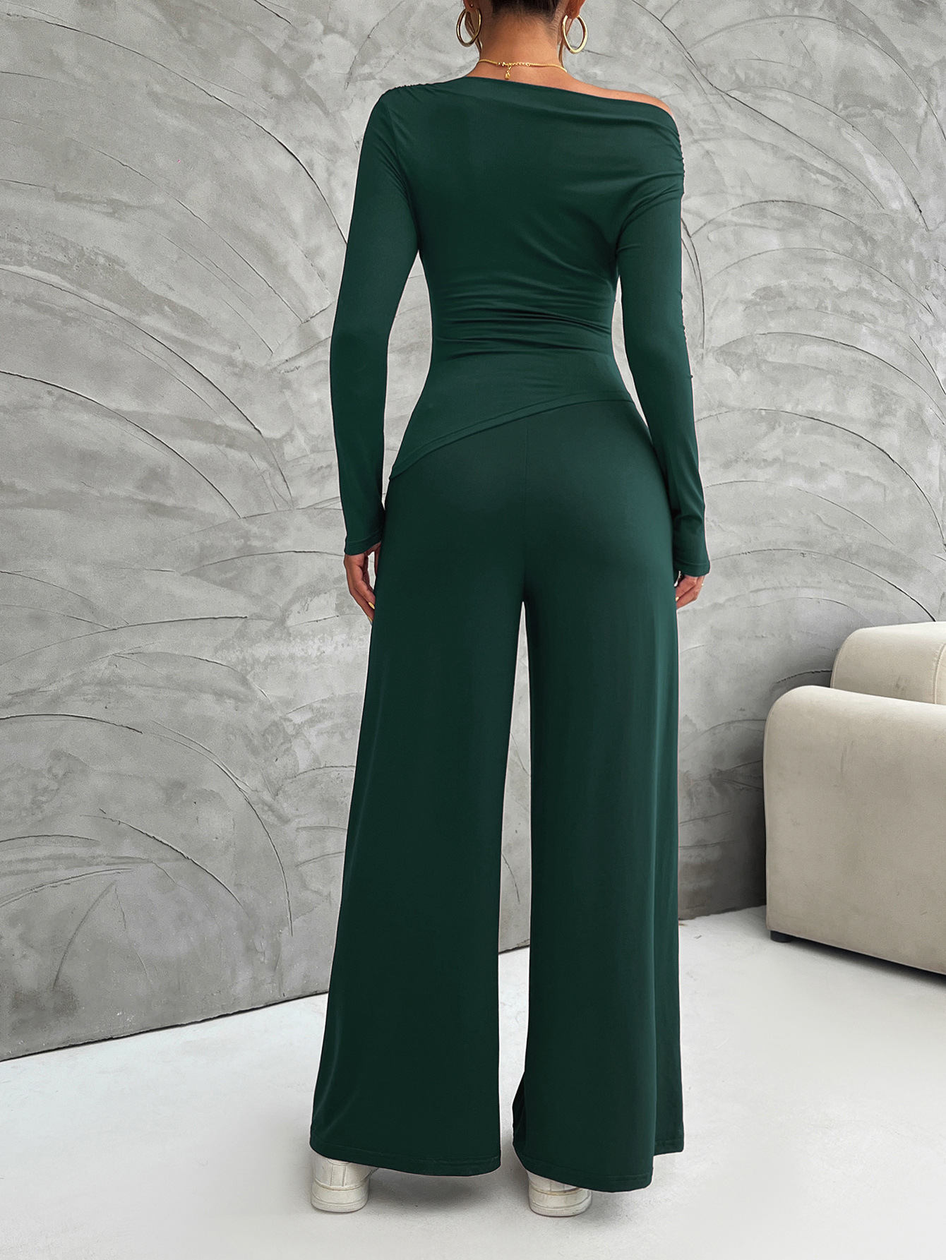 Y2K Damen-Set – Schmales Langarm-Oberteil & Hose mit weitem Bein (S-XL, Schwarz/Dunkelgrau/Khaki/Weinrot/Dunkelgrün/Braun/Dunkelblau)_voghion.com