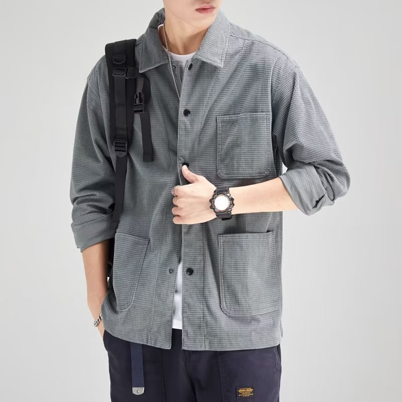 Waffle long-sleeved shirt men's loose 2023 autumn and winter New Youth casual fashion brand top coat men's shirt
