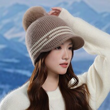 韩国兔毛鸭舌棒球帽子工厂女韩版条纹轻奢毛球针织帽时尚保暖帽冬
