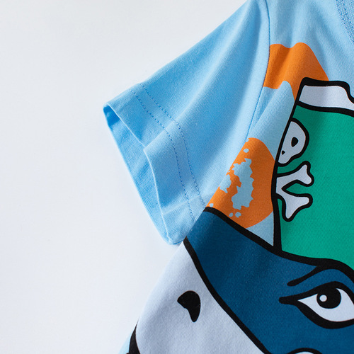 Children's cartoon shark t-shirt for boys, summer children's short-sleeved T-shirt, pure cotton, baby round neck top, drop shipping one piece.