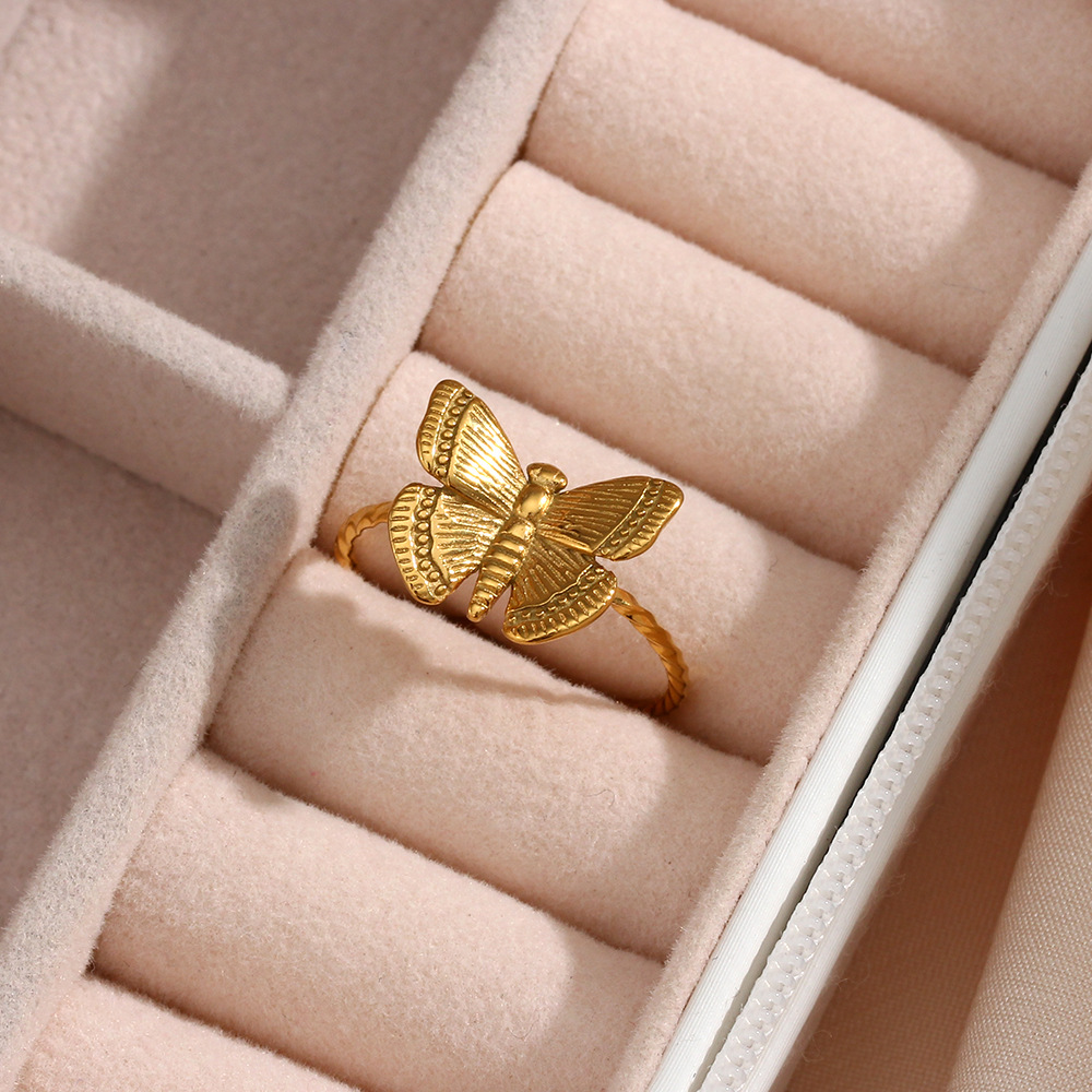 Fashion Stainless Steel 18k Gold Plating Adjustable Butterfly Ring display picture 1