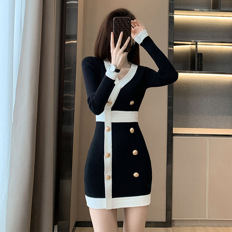 Sweater Knitted Dress for Women Petite Short Style 2025 Autumn New Chanel-Inspired Slim V-Neck Bodycon Dress Sweater Knitted Dress for Women Petite Short Style 2025 Autumn New Chanel-Inspired Slim V-Neck Bodycon Dress