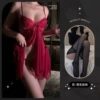 Red see-through mesh skirt + T pants + crotchless socks