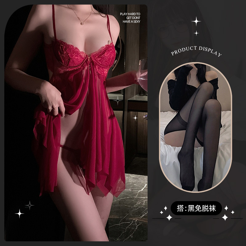 레드 시스루 메쉬 스커트 + T바지 + 가랑이 없는 양말