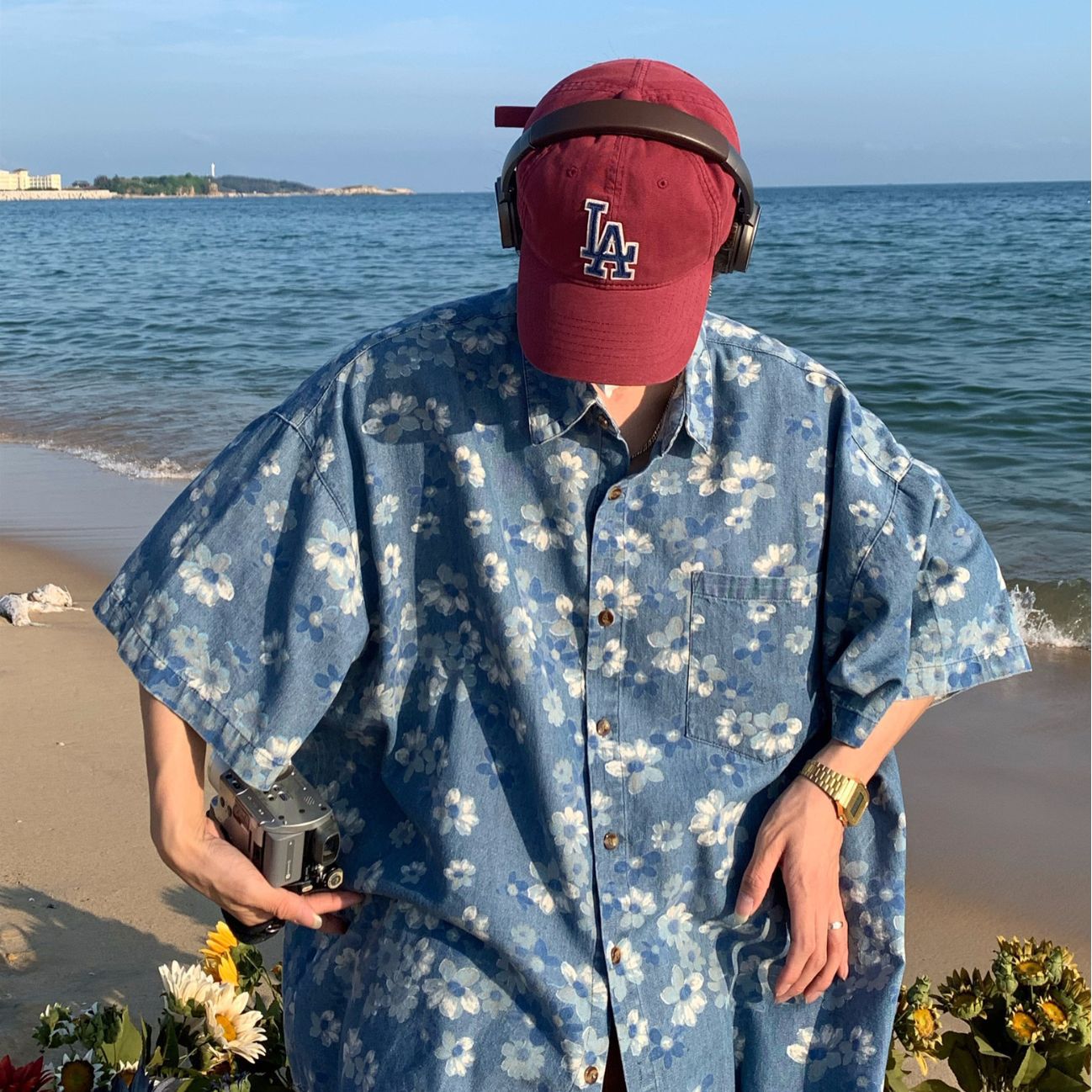 Japonés retro flor completo impreso lavado angustiado Denim camisa de manga corta de los hombres de verano Nueva camisa casual suelta moda