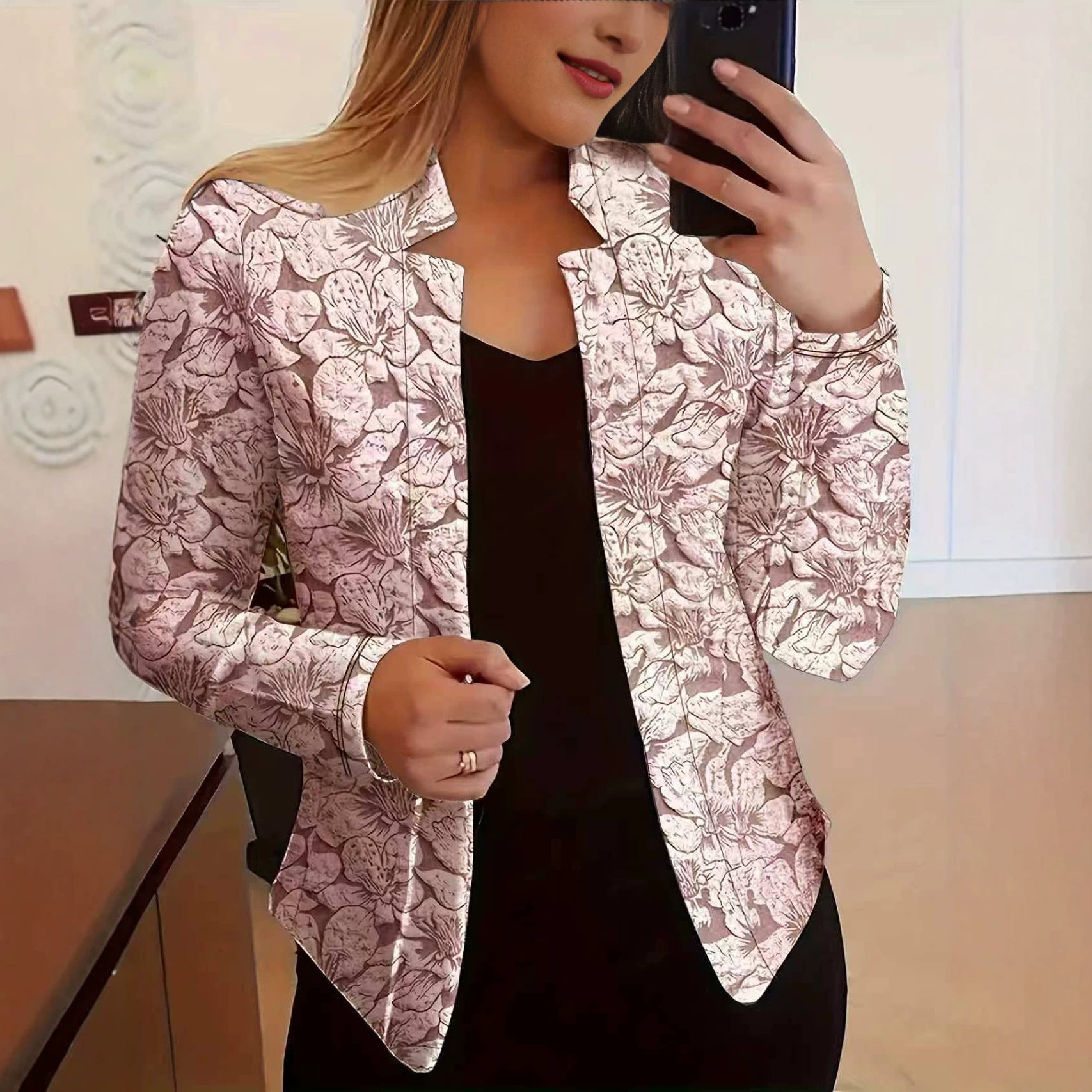 Retro Print Blazer for Women Casual Long Sleeved Open Front Office And Workplace Suitable Blazer_ecoleips.com