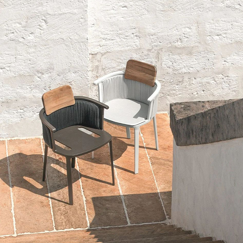 Silla de cuerda de ratán de acero inoxidable al aire libre nórdico, balcón al aire libre, patio, mesa y silla de ocio de teca, muebles combinados