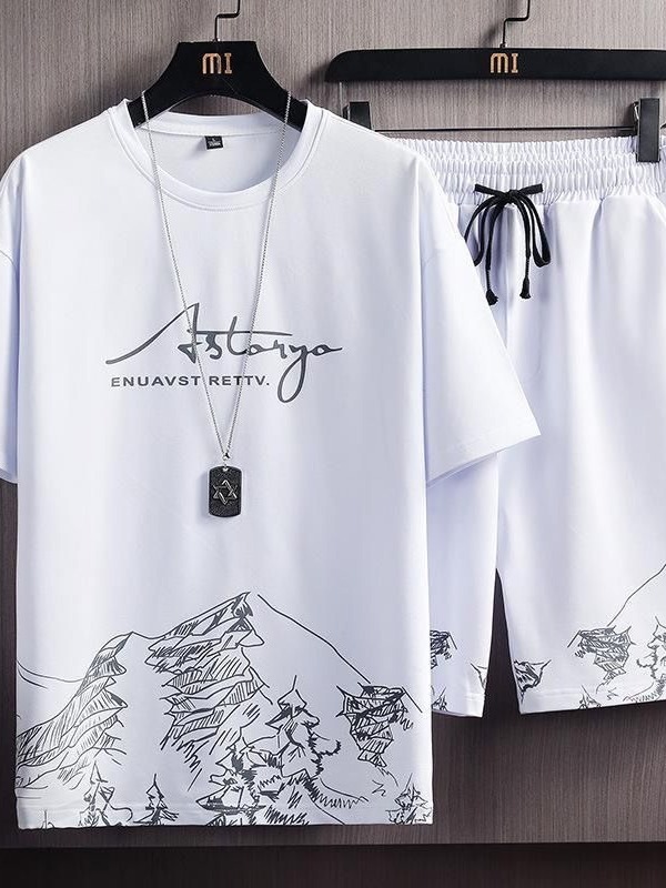 Ice Silk Gradient Suit Two-Piece Men's Short-Sleeved T-Shirt Summer Fashion New Casual Shorts Sports Handsome Men's Clothing