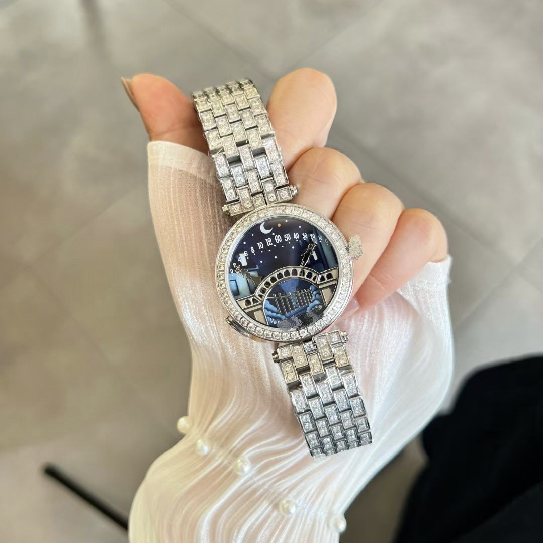 Cross-Border E-Commerce Popular Poetic Series Lover's Bridge Women's Watch with Kissing Design, Diamond-Studded Sun, Moon, and Stars, Romantic Lover's Bridge Watch