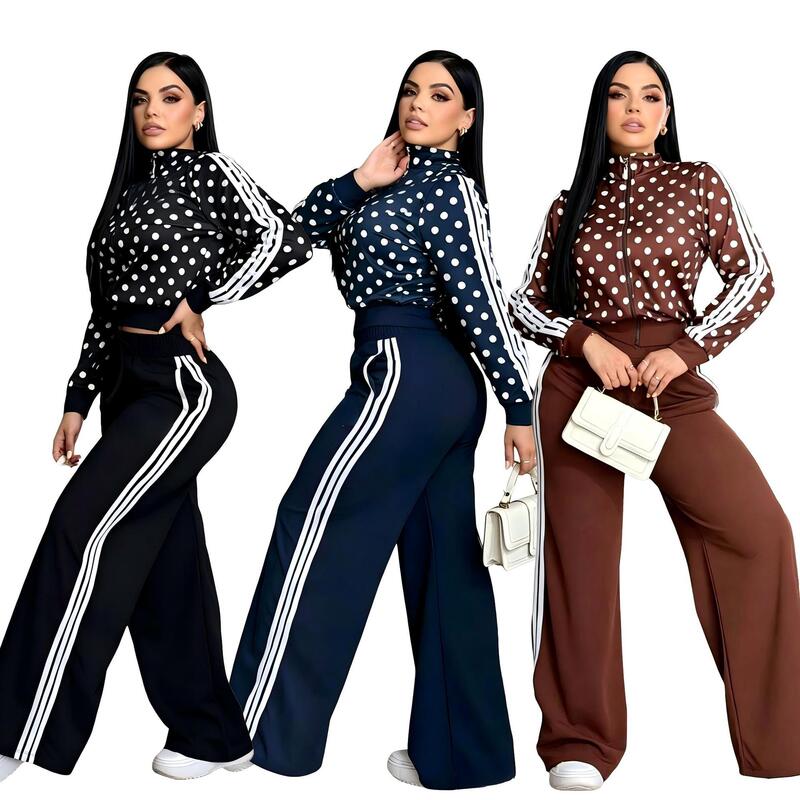 Stylish Polka Dot Sports Suit Embroidered Zipper Top High-Waisted Wide-Leg Pants Casual Two-Piece Set J5361
