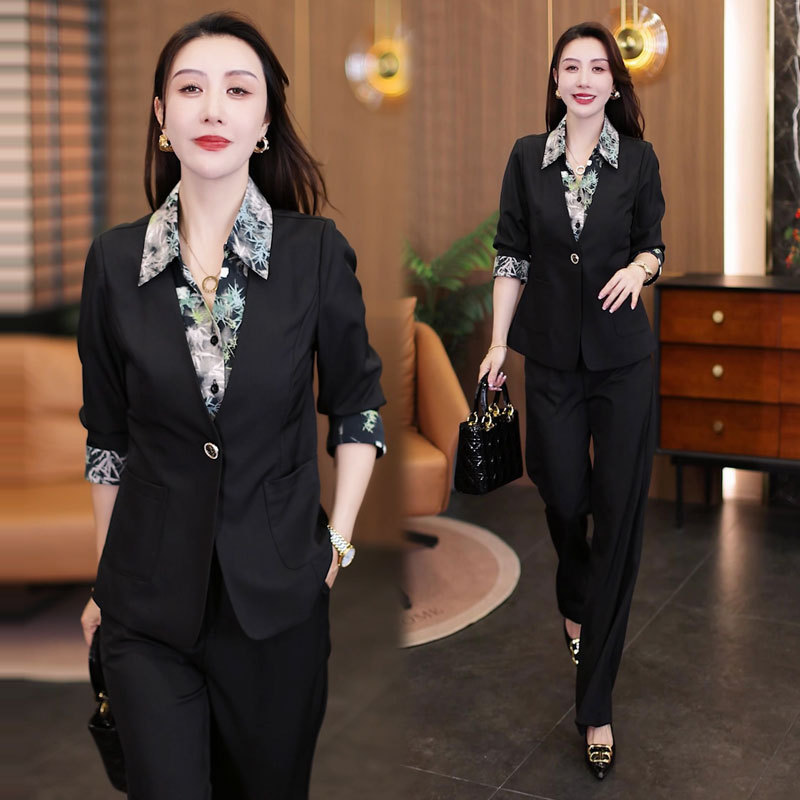 时尚套装女2025秋季新款时髦洋气印花翻领假两件西装阔腿裤两件套|undefined